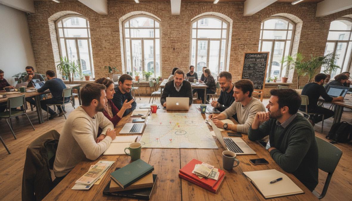 Diverse groep professionals die samenwerken aan laptops en notitieblokken in een moderne co-working space met hoge plafonds en industriële verlichting