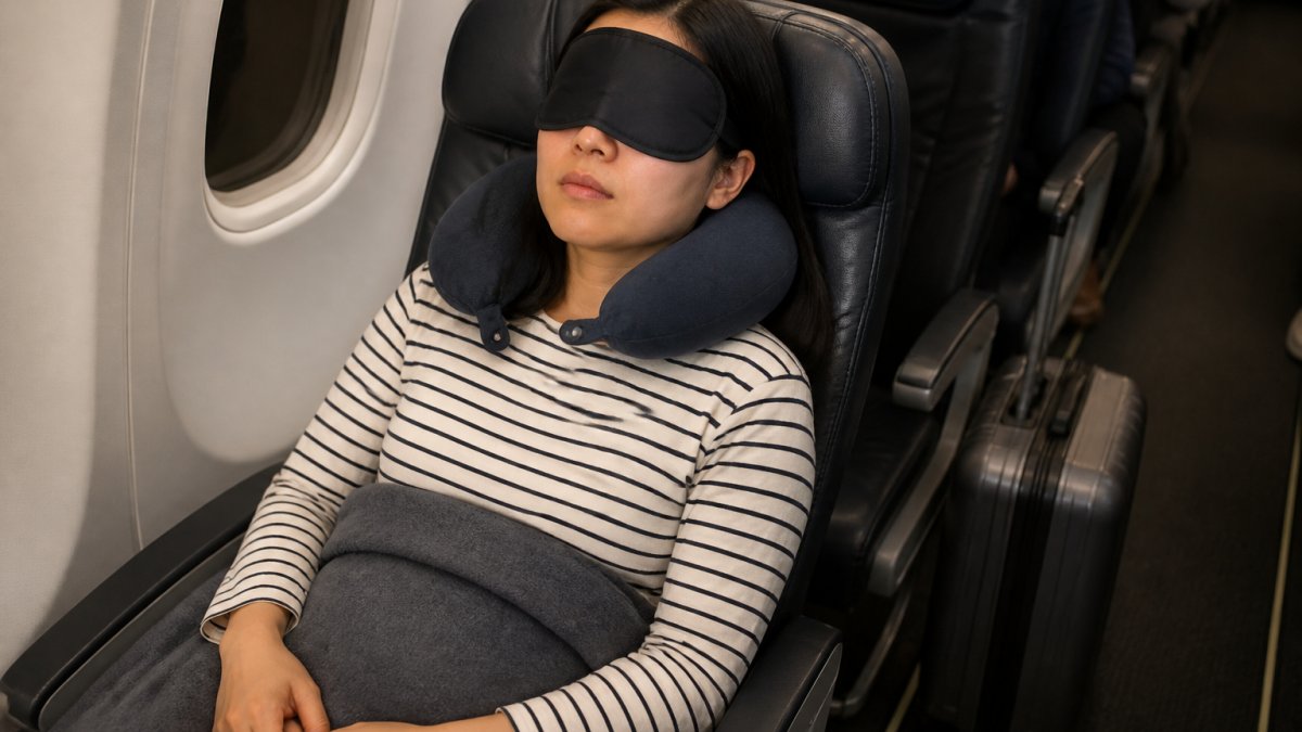 Eine Reisende sitzt entspannt im Flugzeugsitz, trägt eine Schlafmaske und ein Nackenkissen, gedämpftes Kabinenlicht, Handgepäck im Hintergrund