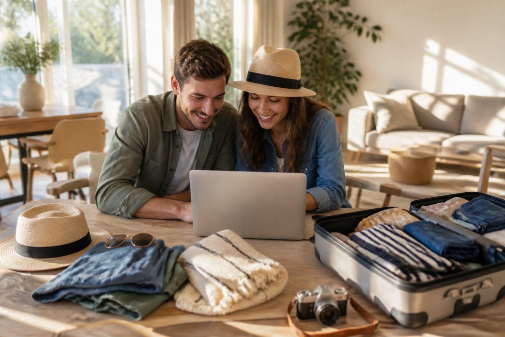 Een stel zit lachend met een laptop aan een lichte houten tafel, geopende koffers en zomerkleding liggen ernaast, zonnestralen vallen door het raam terwijl ze een reiswebsite bekijken