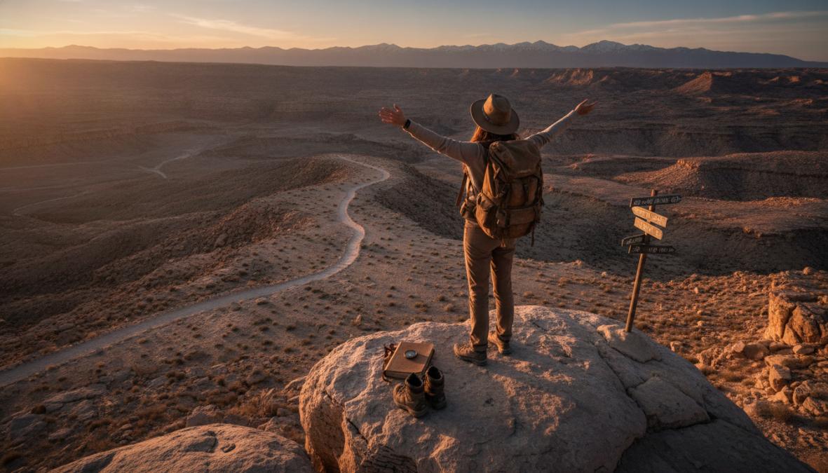 Een solo reiziger met een rugzak staat op een schilderachtig uitkijkpunt met uitzicht over een kleurrijke mediterrane stad bij zonsondergang, de reiziger kijkt uit over de horizon met een gevoel van vrijheid en avontuur