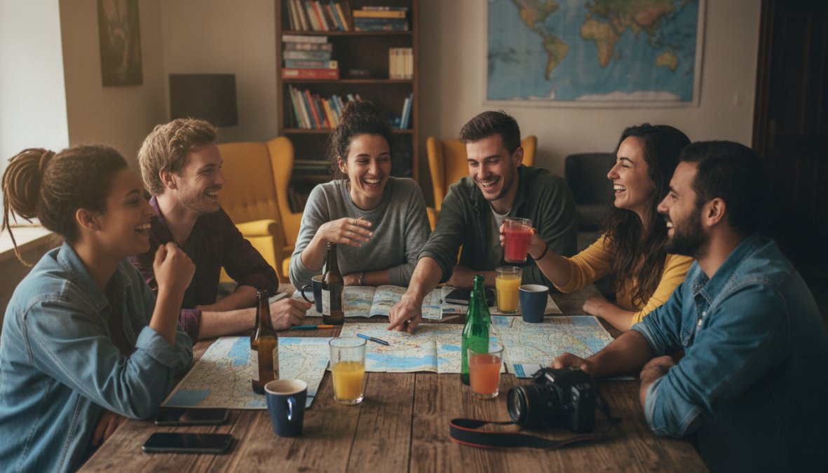 Een groep jonge reizigers lacht en socialiseert in een gezellige hostelkeuken, zittend rond een houten tafel met drankjes en kaarten, in warm avondlicht, nieuwe vriendschappen smeedend tijdens het reizen