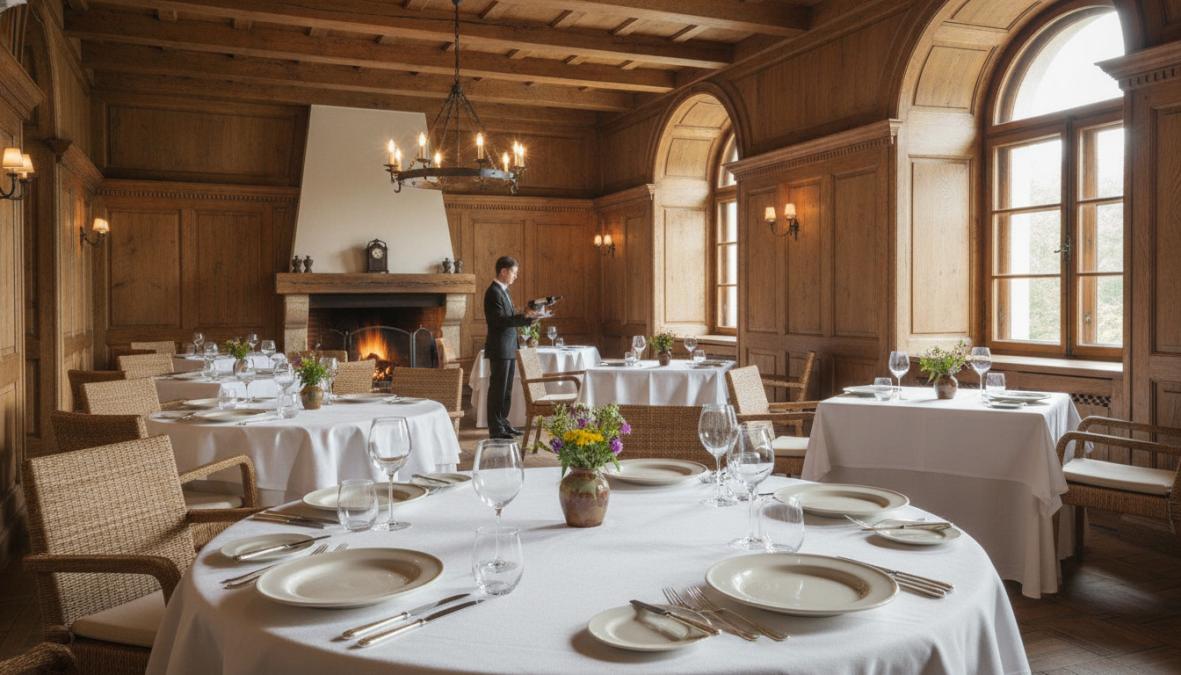 Elegantes Gastzimmer mit Holzvertäfelung und gedimmtem Licht, fein gedeckte Tische mit weißem Leinen und Besteck, Gäste beim Genießen von Speisen