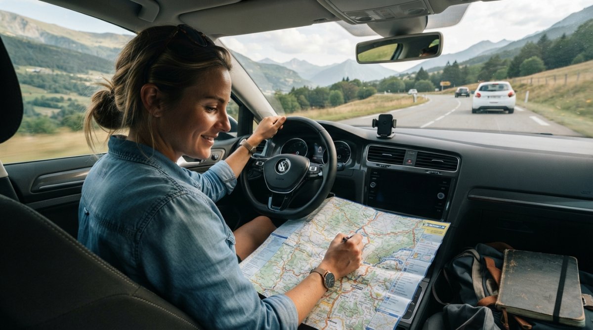 Bestuurder die naar een smartphone met routekaart kijkt, met een open weg en horizon op de achtergrond
