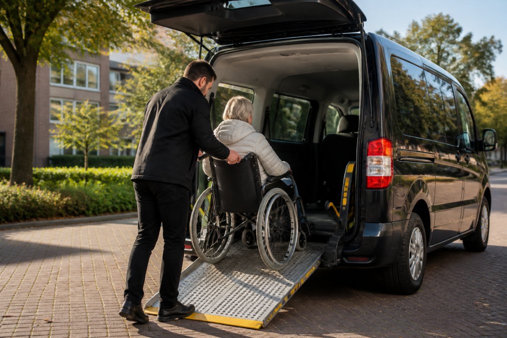Een moderne rolstoeltaxi met geopende deur en uitgerolde oprijplaat, met een professionele chauffeur die een rolstoelgebruiker helpt bij het instappen in een heldere ochtendsfeer