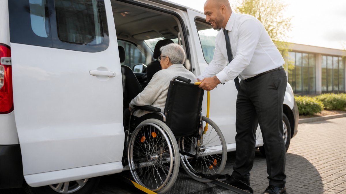 Rolstoelgebruiker wordt geholpen bij instappen in een modern, wit voertuig door een vriendelijke chauffeur in professioneel uniform, zonlicht valt door het raam