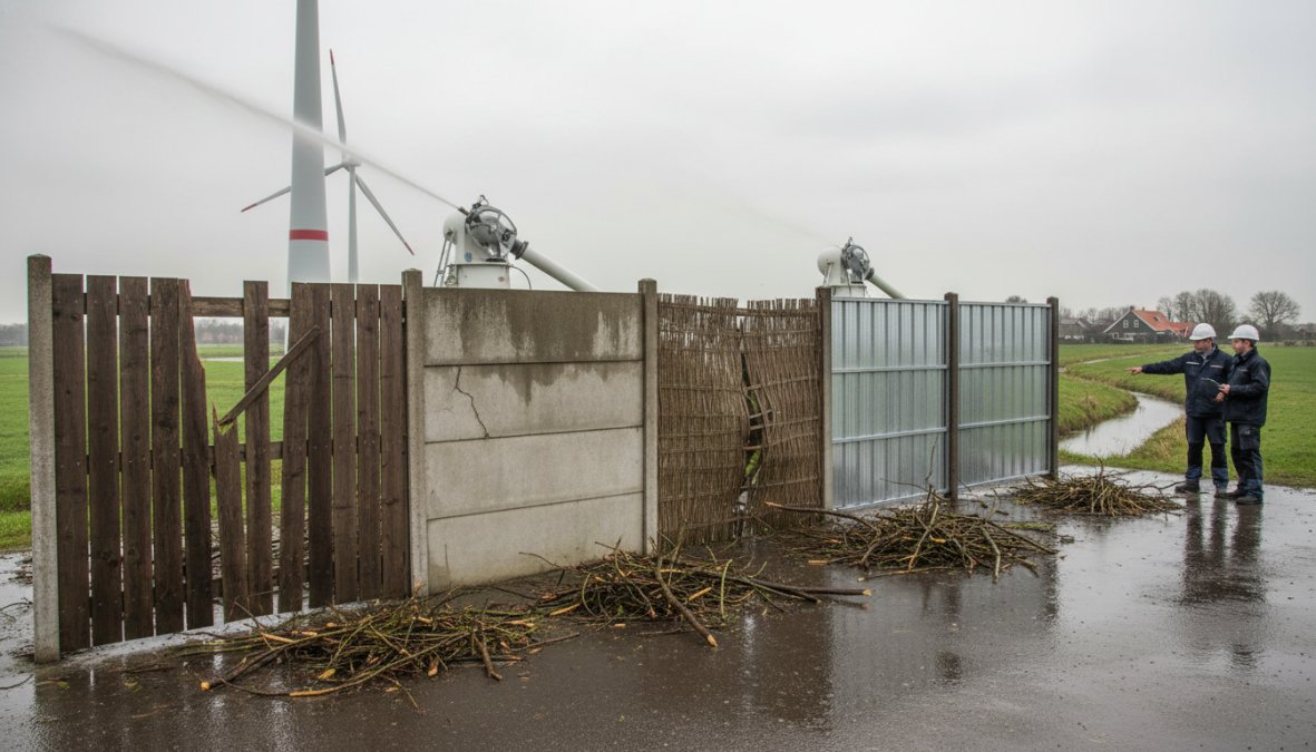 Close-up van een stevige hout-beton schutting in een nette Nederlandse achtertuin, met zichtbare grijze betonpalen en lichtgekleurde houten planken, bij bewolkt herfstweer met natte bladeren op het gras