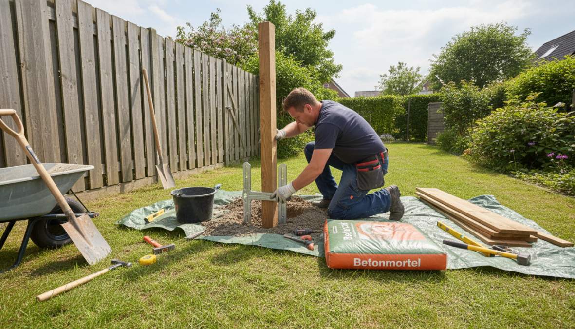 Een persoon in grijze werkkleding die een houten schuttingpaal met een stalen stormanker en verse betonmortel in zandgrond verankert in een achtertuin, met een kruiwagen en gereedschap zichtbaar op het gras op de voorgrond, overcast daglicht