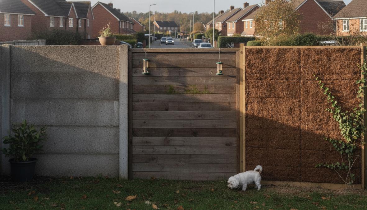 Diverse schuttingsmaterialen naast elkaar in een tuin: betonnen panelen met zichtbare textuur, houten latten in verschillende tinten, en kokosvezel-schermen met duidelijke vezelstructuur en diepte