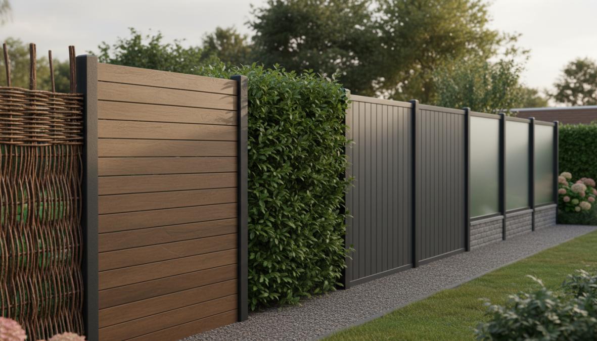 Nette Nederlandse achtertuin op een zonnige dag met een hoge hout-betonschutting langs de erfgrens, groene varens en lavendel ervoor geplant, houten tuinstoelen op een stenen terras