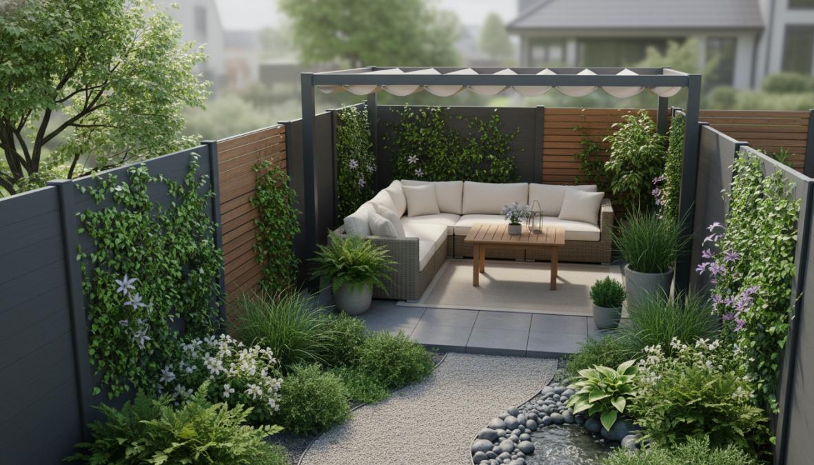 Moderne tuin op een bewolkte namiddag met een composiet schutting in antraciet, klimop en clematis die langs de schutting omhoog groeien, een houten loungebank met kussens op een grijze tegelvloer, zachte diffuse belichting