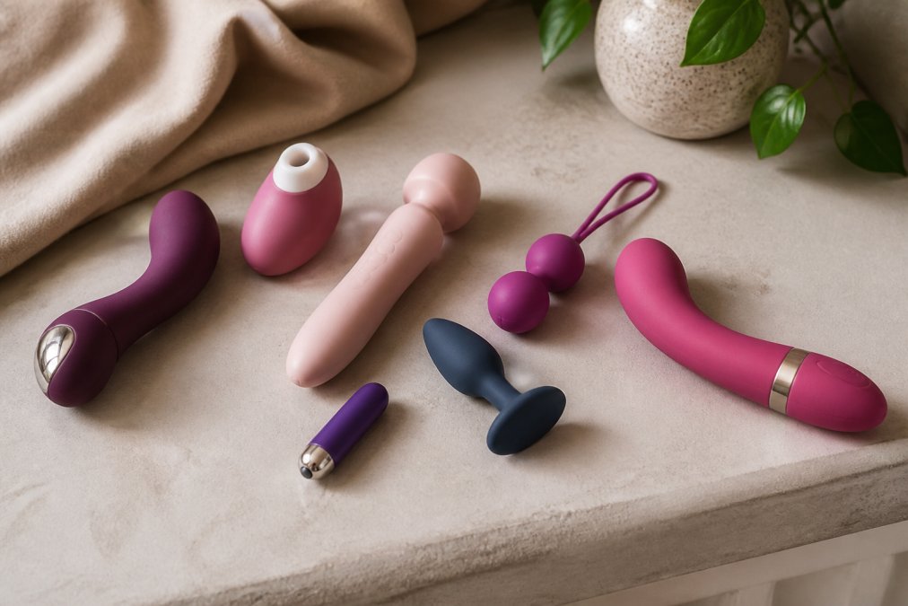 Assortment of beginner-friendly intimate products arranged carefully on neutral surface, showing diverse shapes and sizes in natural lighting