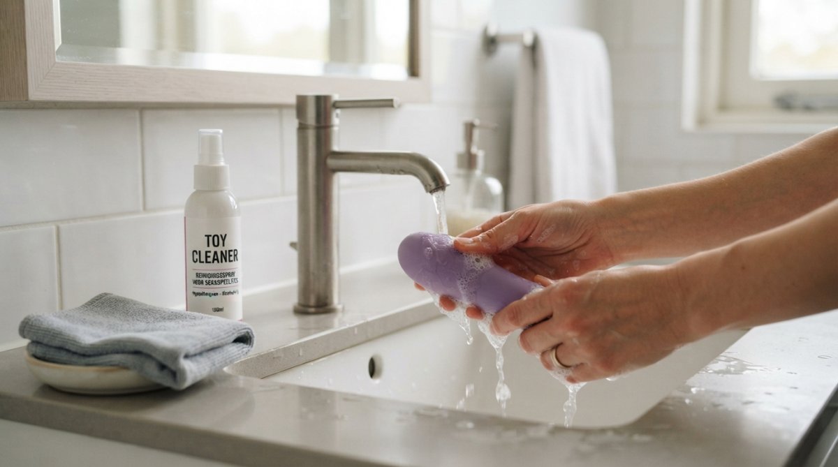 Hands carefully washing intimate product under warm running water with gentle cleansing spray and soft cloth nearby, demonstrating proper hygiene technique