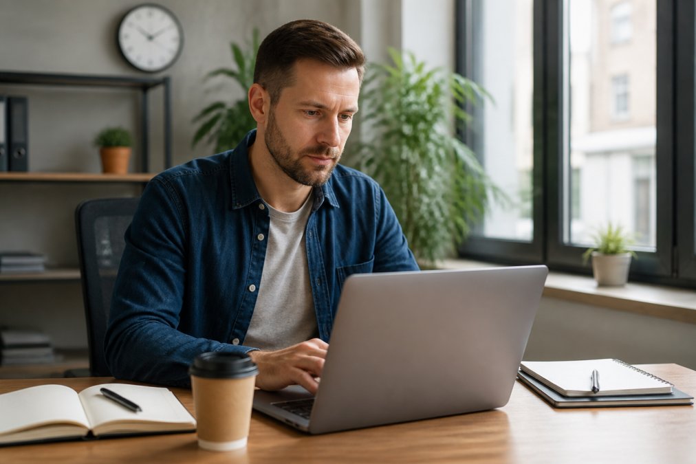 Ondernemer zittend aan bureau met laptop, notities en koffie, concentrerend op website-ontwerp in heldere kantooromgeving