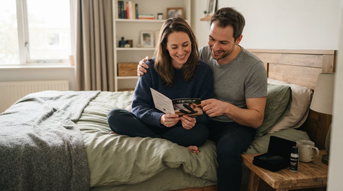 Koppel in een slaapkamer bekijkt samen de beste speeltjes voor beginnende koppels tijdens een ontspannen gesprek.