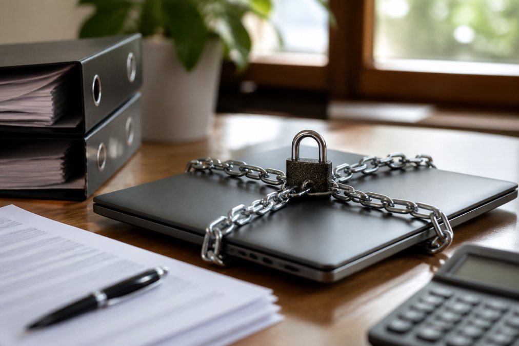 Nahaufnahme eines gesicherten Laptops mit Schloss und Sicherheitssymbolen, die Verschlüsselung und Datenschutz darstellen, auf einem professionellen Schreibtisch