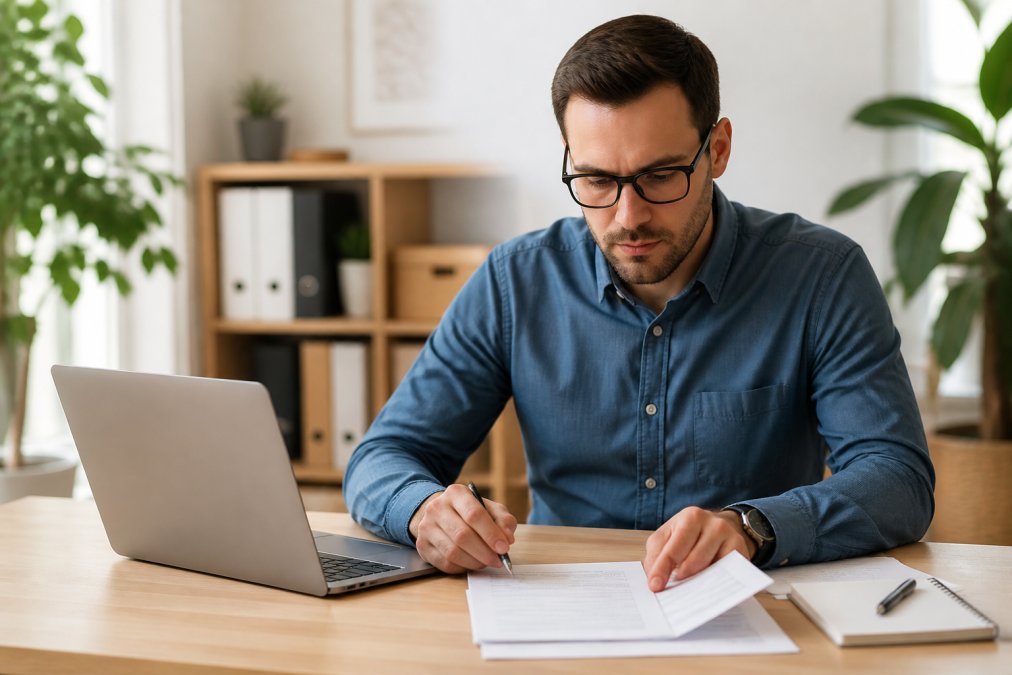 Geschäftsperson konzentriert am Laptop arbeitend, Unterlagen durchsehend, Notizbuch und Stift neben dem Computer auf hellem Schreibtisch