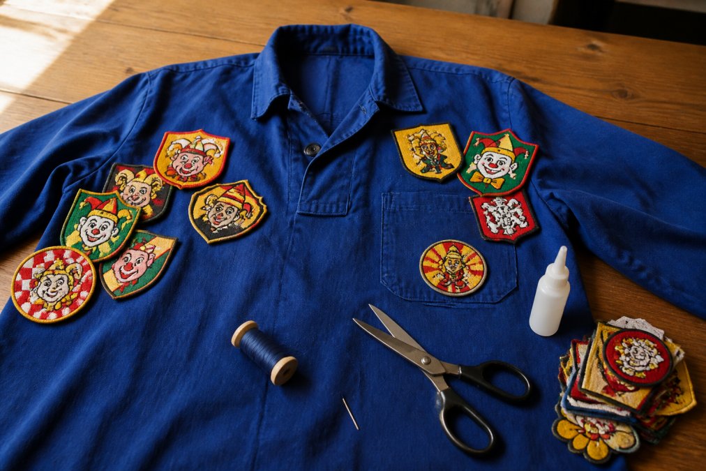 Bovenaanzicht van een houten tafel waarop een blauwe boerenkiel is uitgespreid, omringd door geweven en geborduurde carnavalsemblemen, een naald en draad, een schaar en een klein flesje textiellijm, netjes gerangschikt in warm daglicht