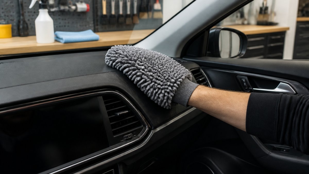 Close-up van een hand in een microvezelhandschoen die het dashboard en de ventilatieopeningen van een auto reinigt, met een spuitfles reiniger en een doek op de werkbank in een lichte garage