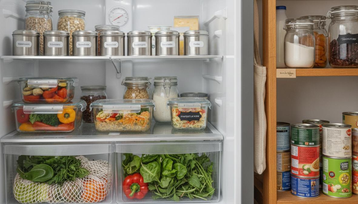 Ordentlich organisierter Kühlschrank mit beschrifteten Glasbehältern als beste Strategien gegen Lebensmittelverschwendung.