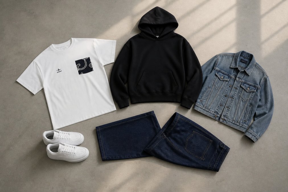 Flat lay van essentiële streetwear items, crèmekleurige t-shirt, zwarte oversized hoodie, baggy jeans, denim jacket en witte sneakers, neatjes gerangschikt op neutrale grijze achtergrond met natuurlijk daglicht van boven