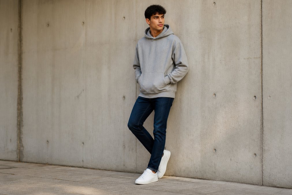 Jonge man in volledig outfit staande in natuurlijk daglicht voor neutrale muur, dragende oversized grijze hoodie, donkerblauwe slim-fit jeans, en witte minimalistische sneaker, met relaxte houding en natuurlijke lichaamstaal