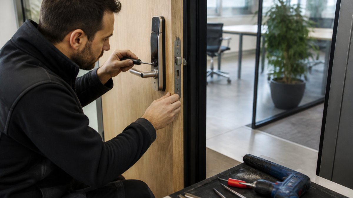 Professionele slotenmaker installeert een digitaal slot in een kantoordeurdeurpost met gereedschappen en programmeeringsapparaat