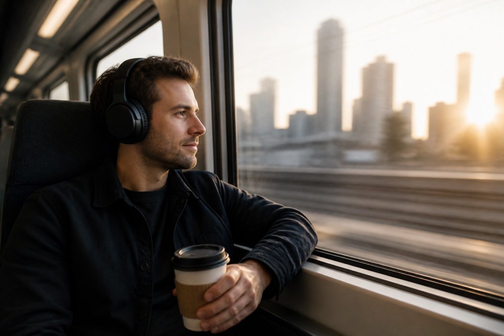 En pendler med over-ear hodetelefoner sitter ved vinduet på et moderne tog, morgenlys faller inn, en kaffekopp i hånden og byen passerer utenfor