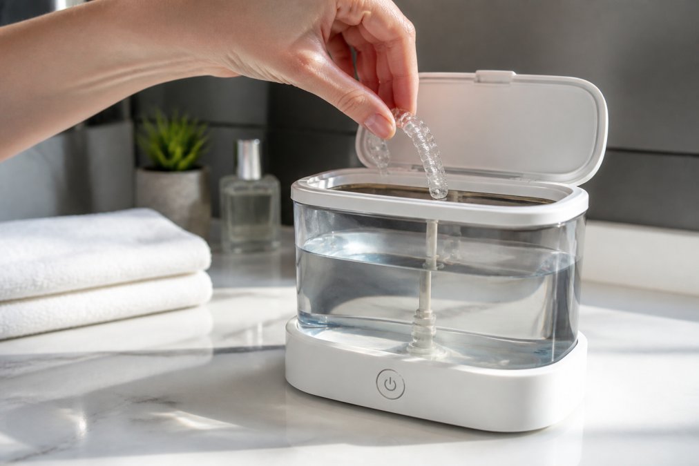 Nahaufnahme einer Person, die einen transparenten Retainer in den Purlify Dental Pod mit klarem Wassertank legt, natürliches Licht fällt auf die glatte Oberfläche des Geräts