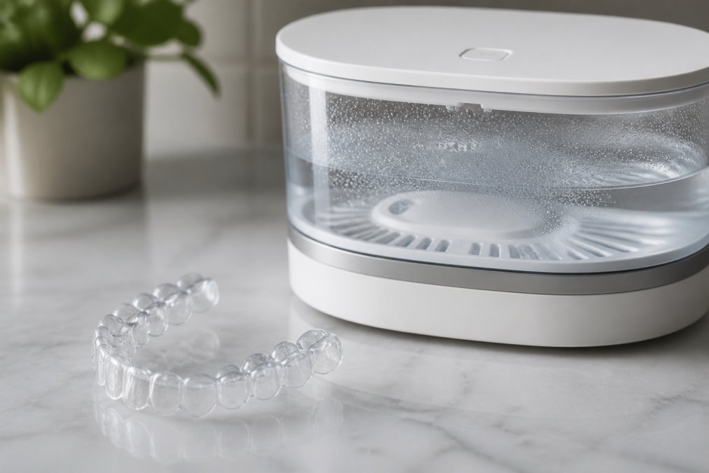 Detailaufnahme eines sauberen, glänzenden transparenten Retainers neben dem Purlify Dental Pod mit klarem Wassertank, zeigt das hygienisch reine Ergebnis nach der Ultraschallreinigung