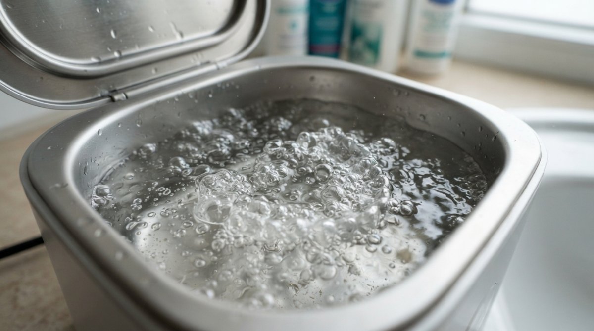 Nahaufnahme einer Zahnschiene, die in kristallklares Wasser eines Ultraschallreinigers gelegt wird, während Blasen aufsteigen und die Oberfläche reinigen