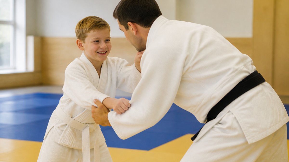 Jonge judoka in witte judopak die glimlachend een techniek oefent met een trainer in een schone dojo met houten vloer en zachte matten