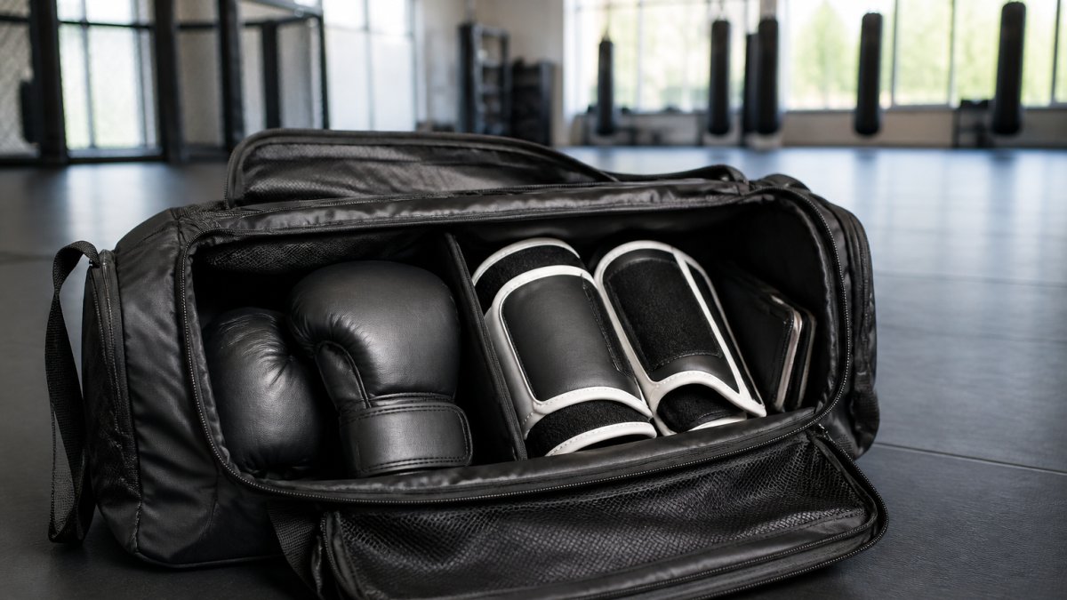 Close-up van open Booster Recon tas met gescheiden compartimenten, bokshandschoenen en scheenbeschermers zichtbaar, trainingscentrum op achtergrond met natuurlijk licht