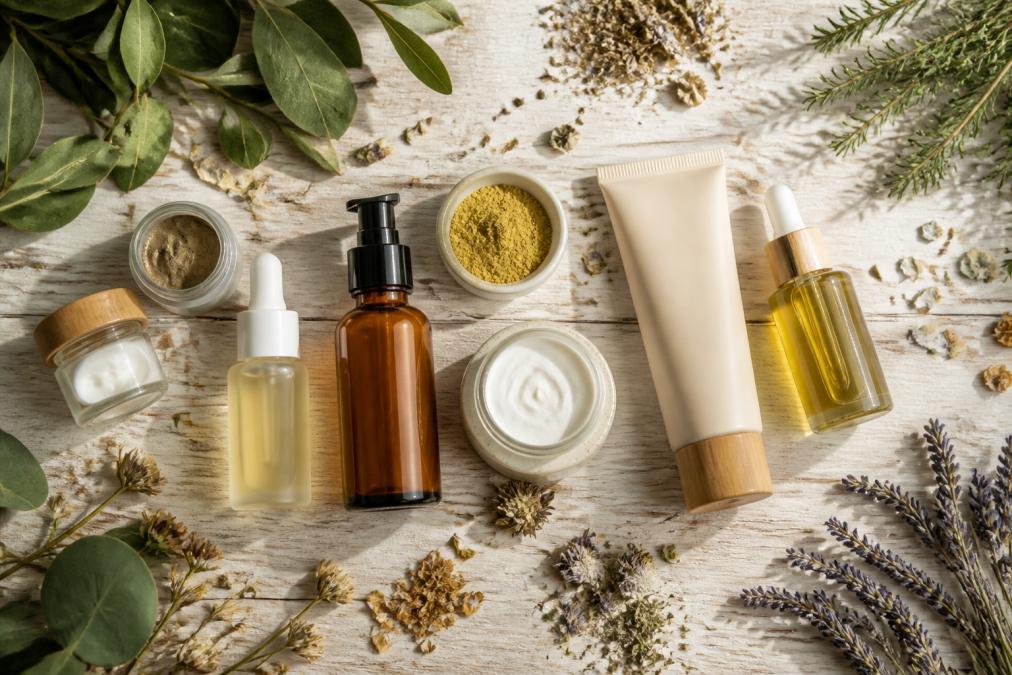 Flatlay mehrerer veganer Naturkosmetikprodukte in Glasflaschen, Tiegeln und Tuben mit schlichten Labels auf einer hellen Holzoberfläche, umgeben von getrockneten Blüten und grünen Pflanzenzweigen, natürliches Tageslicht