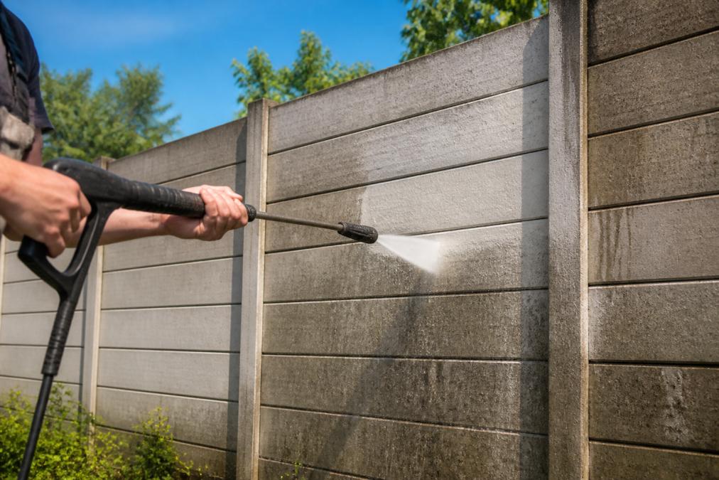 Close-up van iemand die een betonschutting schoonmaakt met een hogedrukspuiter, waterdruppels spuiten tegen het beton onder sterke druk, op een zonnige dag