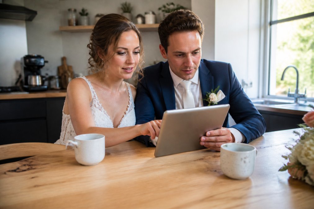 Een stel in trouwkleding bekijkt samen een tablet met een verhuuraanvraag op een houten keukentafel, ochtendlicht valt door het raam, twee koffiekopjes naast het scherm