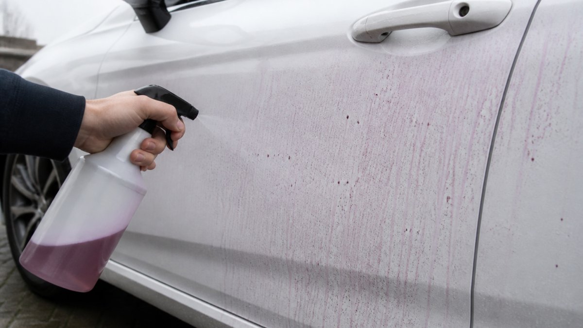 Close-up van een hand die een sprayfles met ijzerverwijderaar richt op een wit autoportier, met zichtbare paarse verkleuring van het product op de lak