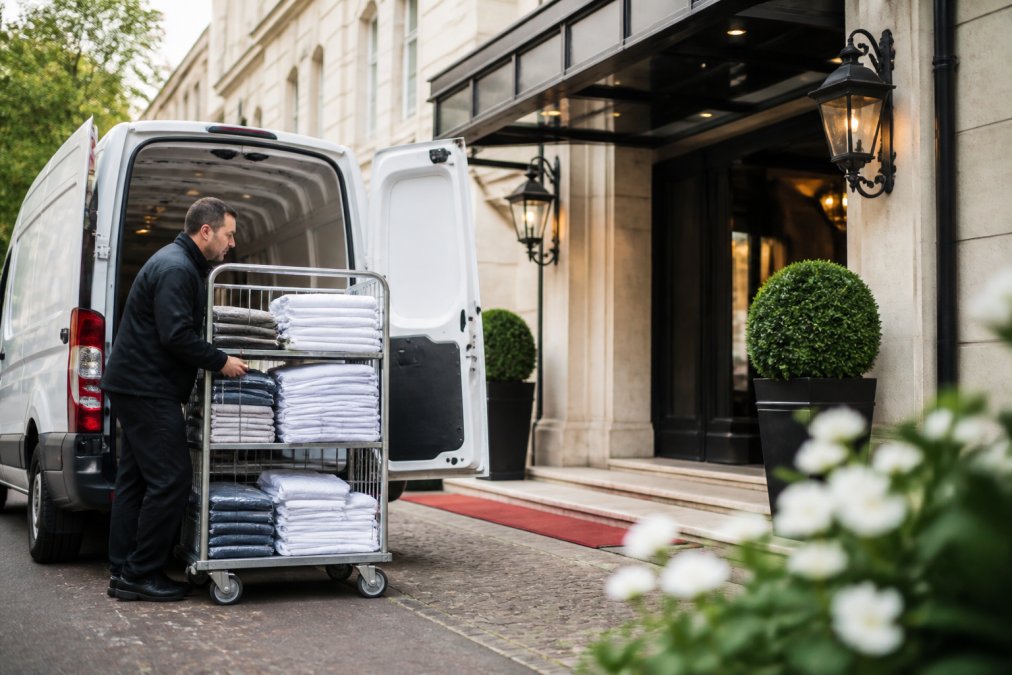 Medewerker laadt schone zakelijke textiel en bedrijfskleding in een bestelbus bij een hotel in Zuid-Limburg.