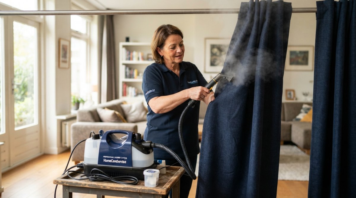 Medewerker behandelt donkerblauwe gordijnen in de beste wasserij voor zware gordijnen met een stoomunit.