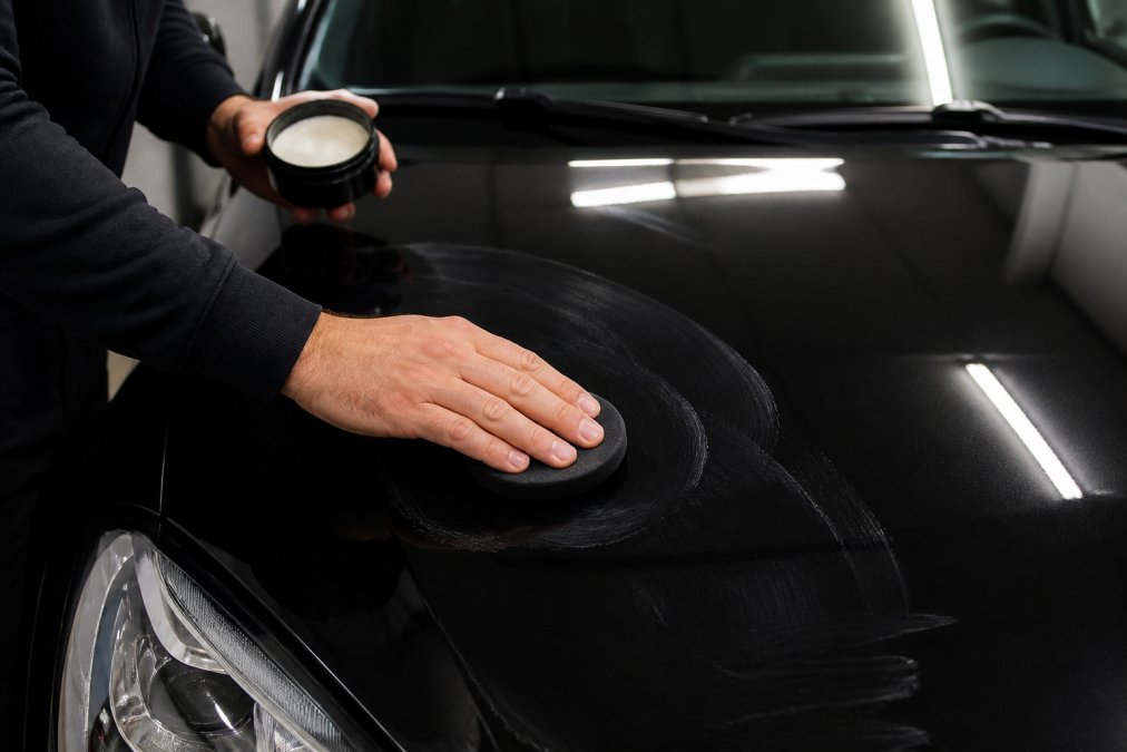 Close-up van handen die autowax aanbrengen op zwarte autolak met applicator pad in circulaire beweging, professionele detailer in garage met helder licht