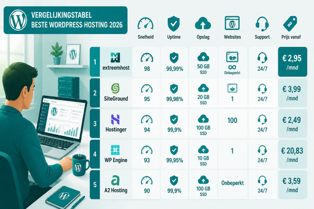 Beste webhosting voor WordPress 2026: top aanbieders Person sitting at a desk with a laptop open showing a website dashboard, coffee cup nearby, in a clean home office setting with warm natural light coming through a window