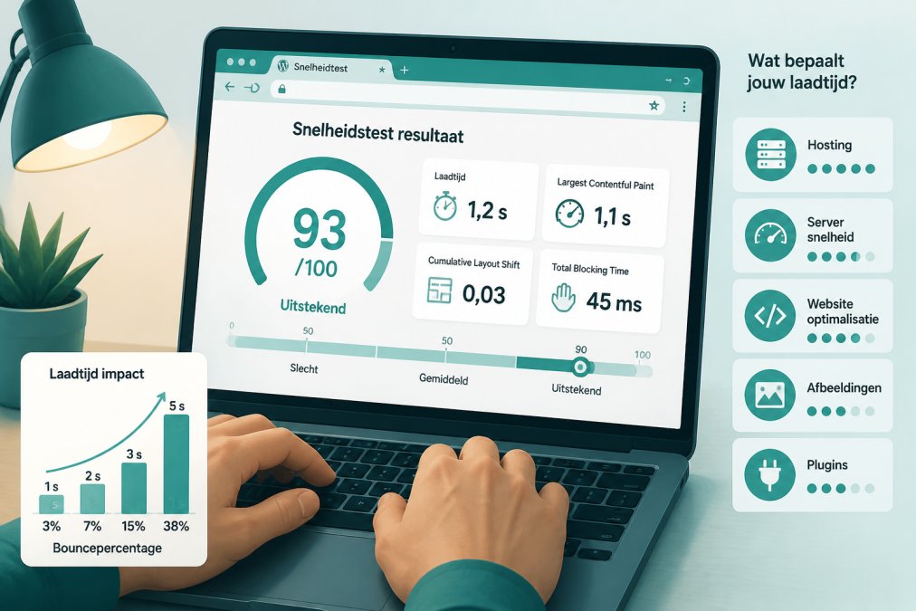 Beste webhosting voor WordPress 2026: top aanbieders Close-up of hands typing on a laptop keyboard with a browser open showing a website loading speed result on screen, shallow depth of field, desk lamp providing warm side lighting