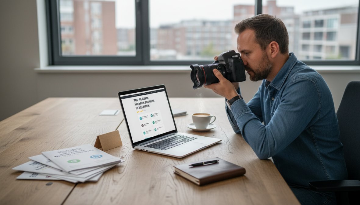 Webdesigner in een modern kantoor die aandachtig een laptop-scherm bestudeert waarop een professionele website in aanbouw zichtbaar is, stijlvolle werkplek met een kop koffie en een open notitieboek op een houten bureau