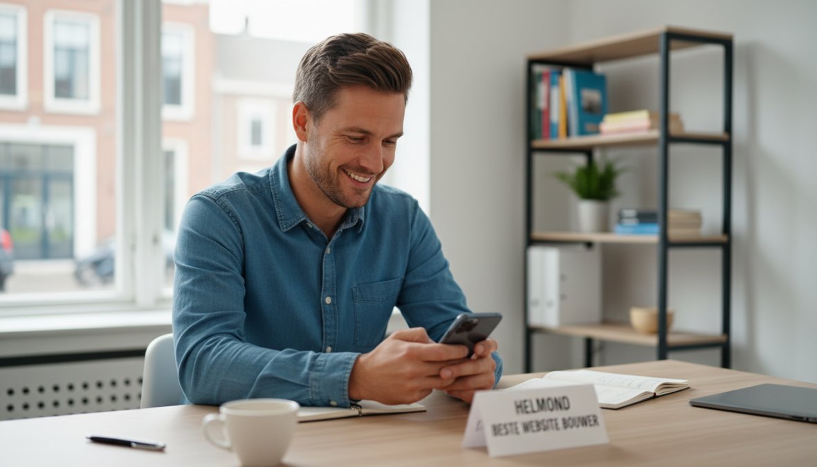 Ondernemer die tevreden op zijn smartphone kijkt naar positieve klantreviews, zittend aan een bureau in een lichte kantooromgeving met een laptop en een kop koffie op tafel