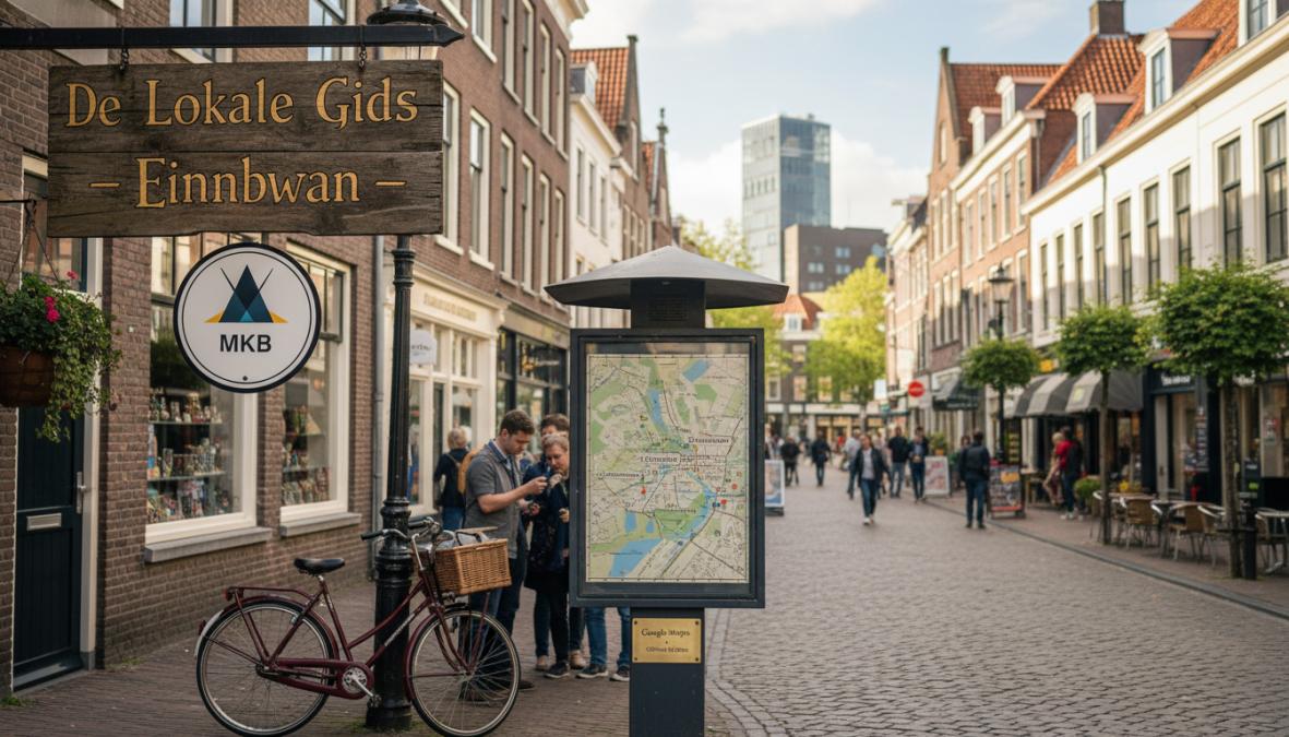 Close-up van een smartphone die Google-zoekresultaten toont voor een lokaal Eindhovens bedrijf, vastgehouden door een persoon aan een cafétafel [met een](/bouw-vertrouwen-en-zichtbaarheid-met-een-portfolio/) koffiekopje ernaast, warm daglicht