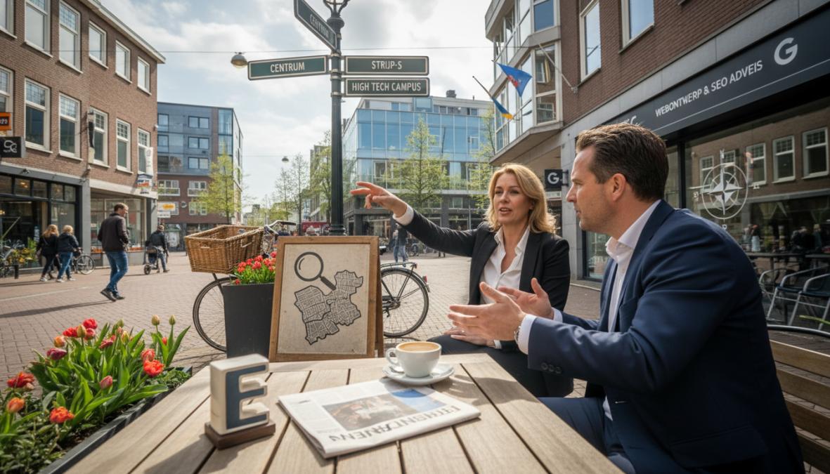 Een MKB-ondernemer in een modern Eindhovens kantoor bespreekt websiteontwerpen op een laptop met een designer die tegenover hem zit, beiden betrokken en professioneel gekleed in een lichte werkruimte
