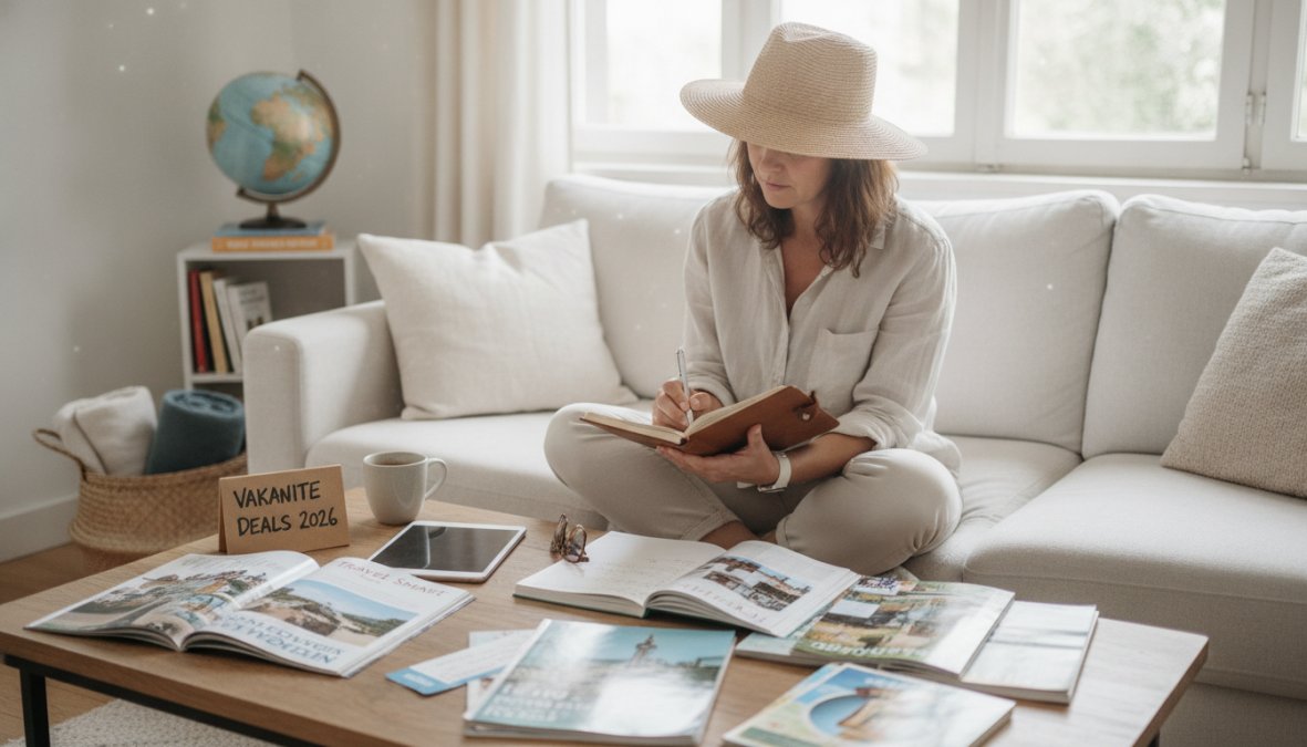 Person sitting at a bright wooden desk, browsing travel websites on a laptop, with a passport, sunglasses and a small potted plant nearby, warm afternoon light streaming through the window