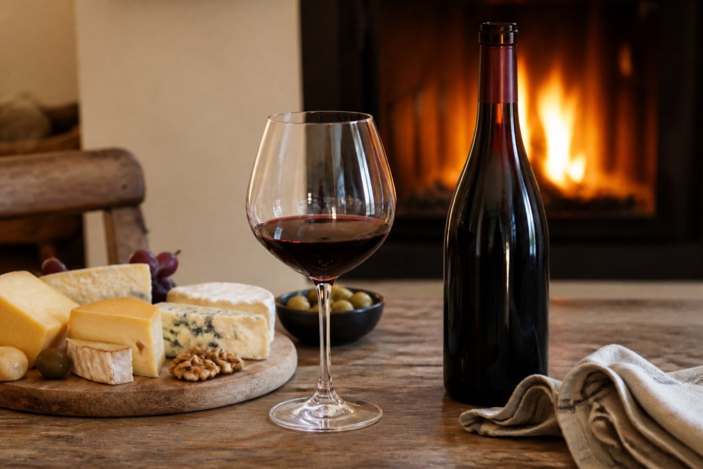 Rotwein im Weinglas und Käseplatte vor Kaminfeuer als eine der besten Weine aus Rheinhessen 2026 Empfehlung.