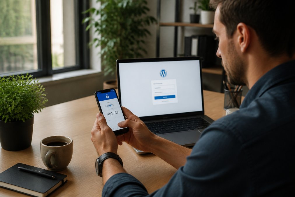 Handen die een smartphone vasthouden met authenticatie-app open, naast een laptop met WordPress loginscherm zichtbaar, kantooromgeving met daglicht