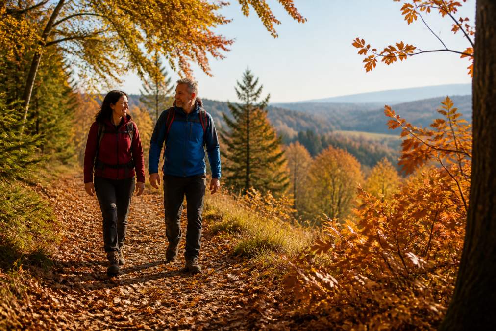 Turista na lesní stezce na podzim, obklopený červenými a zlatavými listy, slunečné počasí, přírodní lesní krajina s výhledem na kopce