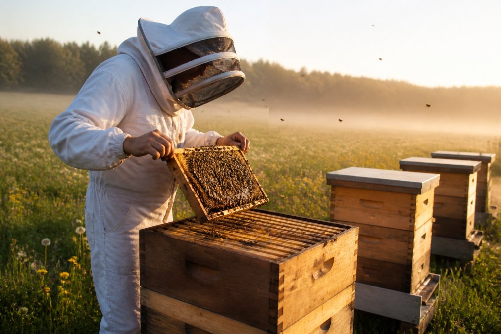 Ein Imker in weißer Schutzkleidung öffnet vorsichtig einen Bienenstock auf einer blühenden Wiese in Luxemburg, sanftes Morgenlicht, Bienen schwärmen um die geöffneten Honigwaben